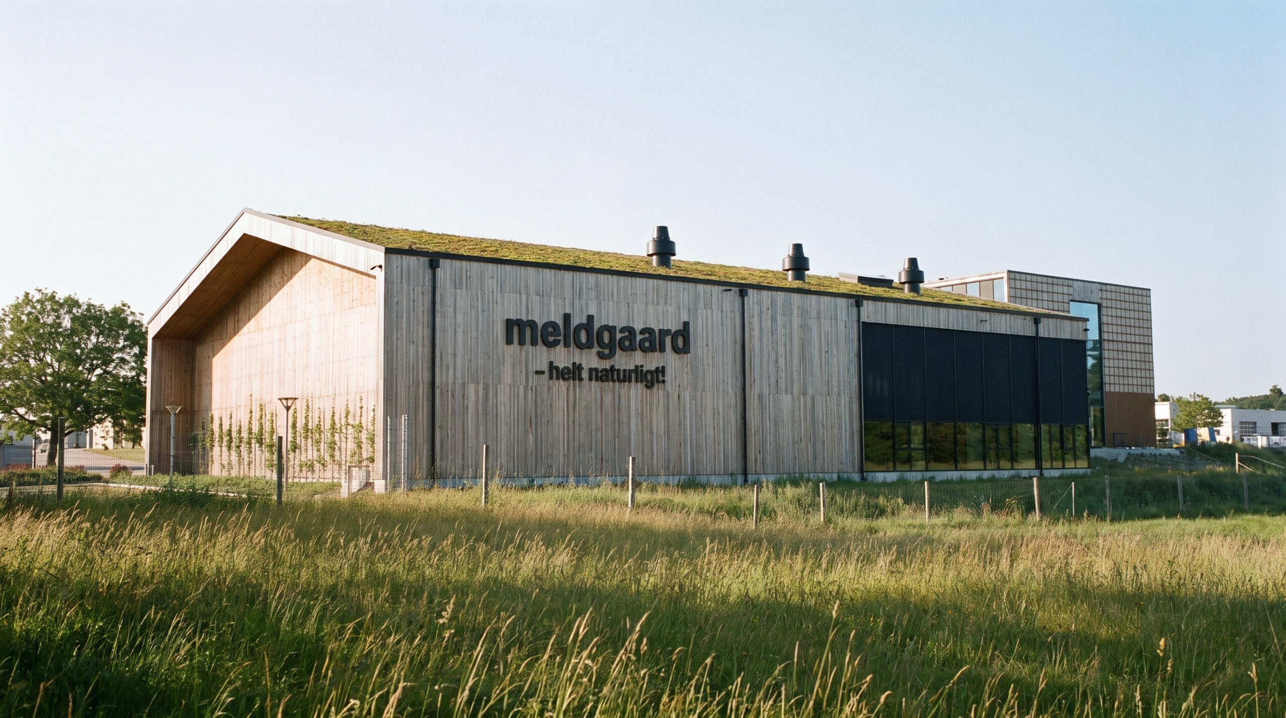 Meldgaard Multihal i Aabenraa med træfacade, grønt tag og store glaspartier. Synlig gavl med klatreplanter og engområde i forgrunden