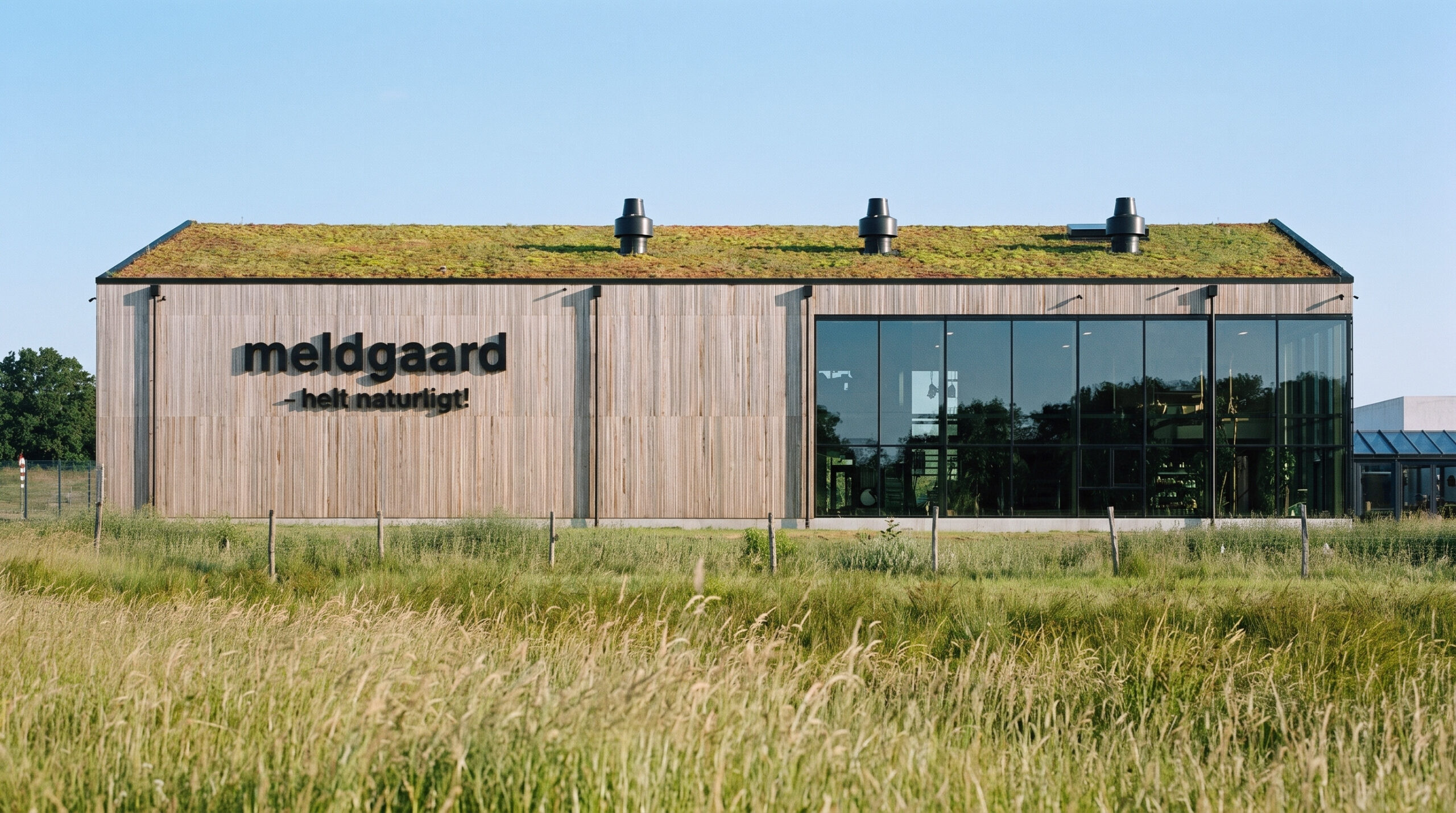 Meldgaard Multihals træbeklædte facade mod det grønne landskab